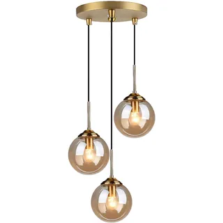 LFsem 3-Flammige Glaskugel Pendelleuchte Für Esstisch & Kücheninsel, Cluster Hängelampe aus Metall in Messing, E27 Fassung, Esszimmerlampe Hängend (Bernstein)