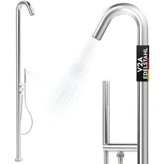 Edelstahl Gartendusche Außendusche mit Handbrause V2A / 304 Warmwasser Kaltwasser Sauna Garten Outdoor Dusche 2 Wasseranschlüsse Pooldusche EG3 - Silber
