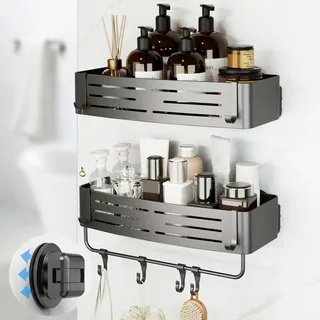 2 Stück Duschregal Ohne Bohren mit Saugnapf, Eck-Duschablage mit Haken, Wasserdicht Badregal Abnehmbarer Bad-Organizer mit Handtuchhalter für Shampoo und Duschgel, grau