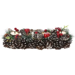 Bambelaa! Adventskranz Künstlich Länglich Adventsgesteck Holz Metall Gold mit 4 Kerzenhaltern Weihnachtsdeko Schnee-Effekt Dekorativer Kranz für Advent Weihnachtskranz Tisch Winterdeko (ca. 40x15x8cm)