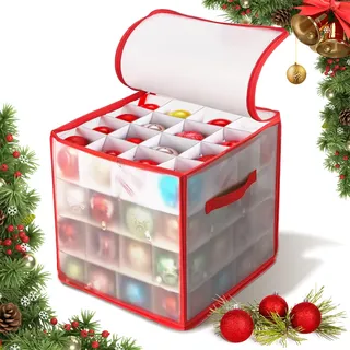 HILKKET Aufbewahrungsbox für Weihnachtskugeln, Weihnachtskugel Box, Christbaumkugel Tasche, Weihnachtskugeln Aufbewahrung mit Verstellbaren Trennwänden, 64 Fächer, 4 Ebenen, 2 Reißverschlüsse