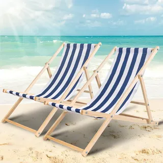 Aopunly 2X Liegestuhl Gartenstuhl Klappstuhl Kieferholz Holz Klappbar Relax Stoff Deck Blau weiß - Blau