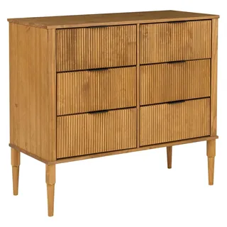 BELIANI Kommode Hellbraun Kiefernholz Halbhoch Schmal mit 6 Schubladen Geriffelte Front Schwarze Griffe Skandi Design Schubladenschrank Sideboard - Braun