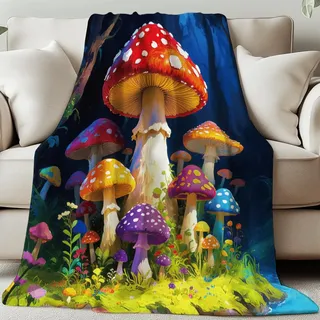 GLOBLELAND Pilzwald Überwurf Für Damen Und Herren 150x130CM Bunte Pilze Weiche Gemütliche Flanelldecke Pflanzen Waschbar Flauschige Überwurfdecke Für Zuhause Büro Zimmer Bett Sofa Stuhl Geschenk