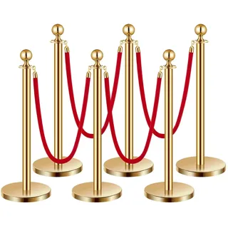 Vevor Absperrpfosten Absperrung (6 Stk.) zur Steuerung von Menschenmengen mit 4 roten Samtseilen (1,5 m lang), Absperrständer aus Edelstahl mit nachfüllbarem Sockel für Ausstellungen Golden