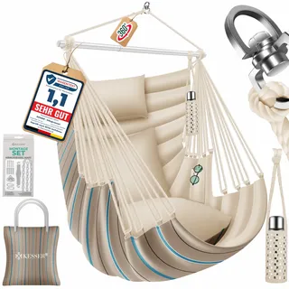 KESSER® Hängesessel Haiti 150kg Traglast, Hängestuhl 360° Drehung, Hängeschaukel Indoor-Outdoor UV-beständig & Wasserfest, Pflegeleicht, Inkl. 2 Kissen, Tragetasche, Flaschenhalter & Montage-Set