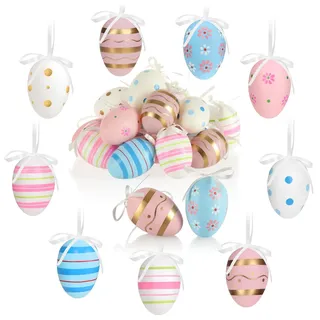 com-four® 18x Ostereier zum Aufhängen - Bunte Ostereier mit Muster - Hängedeko aus Kunststoff für den Osterstrauß - rosa, blau, weiß