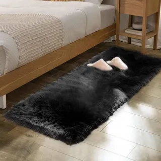 ORINOVA Teppich Läufer Bettvorleger Schwarz Flauschig 60x180 cm Schlafzimmer Fellteppich Kunstfell Teppich Kuschel Weich Waschbar Wohnzimmer