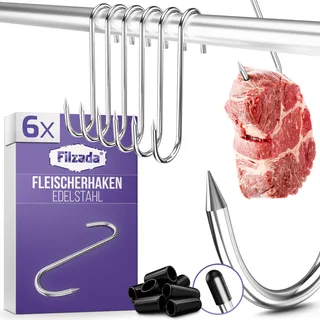 Filzada® 6x XXL Fleischerhaken Edelstahl - 50 kg - Belastbar - Ø 5mm - Hochwertige Räucherhaken Edelstahl MIT SPITZE - Fleischhaken Räuchern - S Haken Edelstahlhaken - Räucherhaken für Forellen