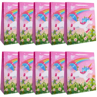 Idena 30481-10 - Geschenktüten Einhorn, 10 Stück, Geschenktasche in der Größe 18 x 23 x 8 cm, Papiertüten in Pink mit einem Einhorn