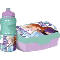 Disney 380 ml Trinkflasche und Sandwich Box hellblau für Kinder aus Kunststoff Frozen mit Antirutschband und Sicherheitsverschluss