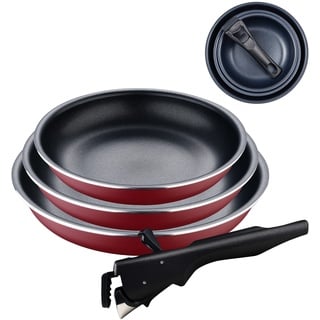 Bergner Click&Cook Red Edition | Pfannenset 4- teilig 18, 20 und 24 cm + Abnehmbarer Ergonomischer Griff | Gepresstes und Antihaftbeschichtetes Aluminium | Für Alle Herdarten und Backöfen