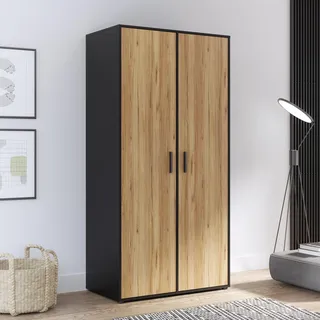 Forte Jupiter Kleiderschrank 95, Industrial-Stil Schrank mit 2 Türen, Holzwerkstoff, Eiche Dekor/Schwarz, 94,7 cm breit, 190,5 cm hoch, 52,7 cm tief