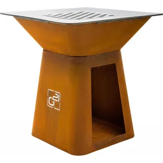 Montana Corten Grill mit Plancha Kochfläche, doppelter Brennkammer und doppelwandigem Feuerraum, 85x85 cm