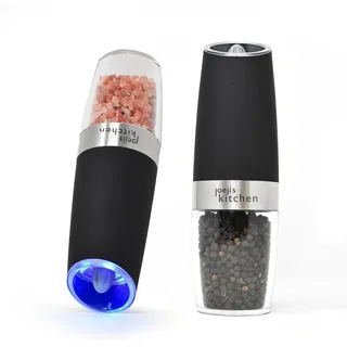 Joeji's Kitchen 2er Salz und Pfeffermühle mit LED-Licht - Gravity Automatischer Elektrische Set - Batteriebetrieben - Salzmühle Gewürzmühle - Einstellbare Keramik-Grobheit - Schwarz
