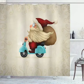 ABAKUHAUS Weihnachten Duschvorhang, Sankt auf Motorrad, Stoffliches Gewebe Badezimmerdekorationsset mit Haken, 175 x 200 cm, Red Tan Blassblau