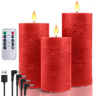 AnnSpa 3 Set Led Kerzen Aufladbar mit 10-Tasten Fernbedienung, Wasserdichte Wiederaufladbare Kerzen Flammenlose Echtes Wachs Flackern Wick Yellow Light Pillar Candles mit Timerfunction - Rot