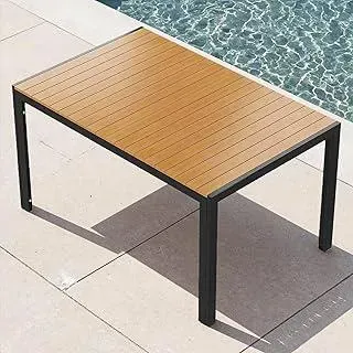 Clevich Wetterfester Gartentisch 140x90 cm, Quadratisch aus Aluminium mit WPC Tischplatte, Outdoor Esstisch für Balkon und Terrasse, pflegeleicht und langlebig, Schwarz+Teak