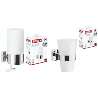 tesa® ELEGAANT Design-Seifenspender + tesa® ELEGAANT Zahnbürstenhalter, edles Design, Metall, verchromt, Milchglas, inkl. Klebelösung
