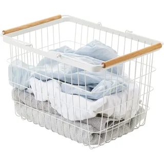 Yamazaki 2809 TOSCA Wäschekorb Medium, weiß, Stahl/Holz, minimalistisch, 41.5 x 31 x 27 cm
