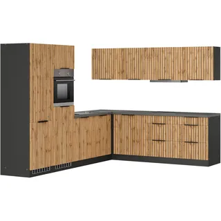 KOCHSTATION Winkelküche "KS-Lagos, Stellbreite 300/240 cm" wahlweise mit E-Geräten, Spüle edelstahl oder schwarz, küche: natur, front: listrado eiche, korpus: grafitgrau, arbeitsplatte: betongrau