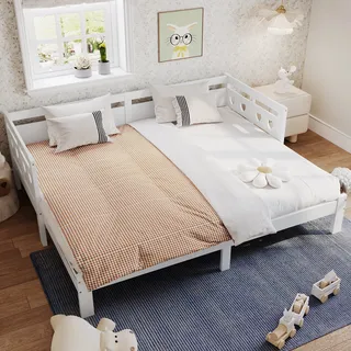 Ausziehbett, Kinderbett mit Lattenrost und ausziehbarer Liegefläche, 90x200 cm/180x200 cm, Holzbett aus Kiefer, Einzelbett, Jugendbett - Weiß