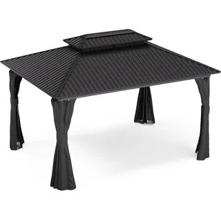 Blumfeldt ShadeFortress Hardtop Garten-Pavillon 3x4 m, Pavillon 3x3 wasserdicht, stabil, winterfest, Alu-Rahmen, verzinktes Stahldach, Doppeldach für Luftzirkulation, mit Vorhängen & Moskitonetz - Schwarz