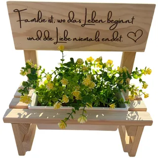 Blumenbank aus Holz mit Gravur,Dekorative Pflanzbank mit Blumenkasten,Geschenk für Mama,Oma,Gartenbank für Balkon&Terrasse, Outdoor Muttertag (Familie ist wo Leben beginnt und die Liebe niemals endet)