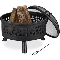 Relaxdays Feuerschale mit Funkenschutz, Kohlerost, Schürhaken, Ø 60cm, Stahl, Feuerstelle für den Garten, schwarz/silber