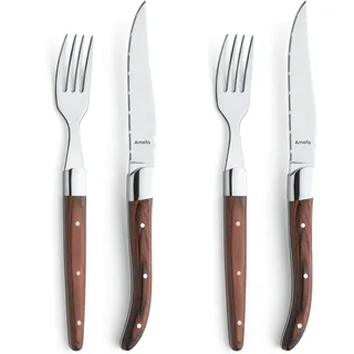 Amefa Royal Steak Steakmesser Set 4-teilig Holzgriff | Messer mit mikrogezahnter Klinge | Messer für Steak, Fleisch und Pizza | Steakbesteckset Im Etui