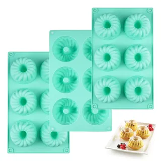 Varenzya 3 Stück Mini Gugelhupfform Silikon, 6 Mulden Ø7.2 cm Gugelhupfform Klein, Wiederverwendbar Silikon-Gugelhupfform, Mini Gugelhupf Backform für Kuchen Dessert Schokolade Pudding Gelee (Grün)