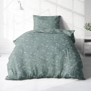 Träumschön Biber Bettwäsche Set 4tlg 135 x 200 cm Grün – Blumen Ranken Design – Flauschige Winterbettwäsche - Bettbezug + Kissenbezug 80x80 cm - Bettwäsche Set Weihnachten - 100% Baumwolle