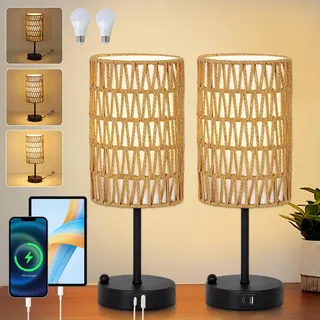 Rayofly Nachttischlampe 2er Set, Touch Dimmbar Nachttischlampe mit Ladefunktion USB A+C-Anschlüssen, Vintage Tischlampe mit Rattan Lampenschirm & LED Glühbirne, Touch Lamp für Schlafzimmer, Wohnzimmer