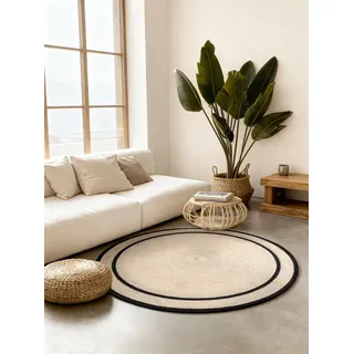 Hanse Home Lina Juteteppich - Natur Wohnzimmereppich Rund aus 100% Jute, Handgewebt, Bordüre, Robust & Pflegeleicht, Naturfaser Teppich für Wohnzimmer, Schlafzimmer - Natur Elfenbein Schwarz, Ø200cm
