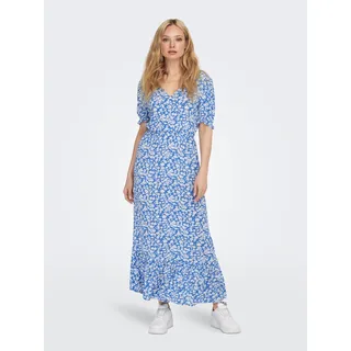 Maxikleid ONLY "ONLCHIANTI S/S LONG DRESS WVN NOOS", Damen, Gr. S (36), N-Gr, blau (marina), Web, Obermaterial: 100% Viskose, bedruckt, regular fit knöchellang, V-Ausschnitt, Kleider Maxikleid, Viskose, regular fit