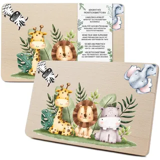 Yabaduu Individuelles Holzbrett für Kinder 23,5x15cm Frühstücksbrettchen Brotzeitbrett personalisiert aus Holz Tier-Motiv als Geschenk Geburtstag Kind RV007 (03 Safaritiere, Ohne Wunschname)