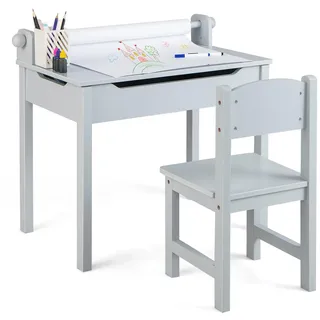 FANTASK Schreibtisch Kinder mit Stuhl, Kinderschreibtisch mit Papierrolle & Marker, Kindersitzgruppe mit klappbarer Tischplatte, Jugendschreibtisch mit Stauraum für Kinder ab 3 Jahren (Grau)