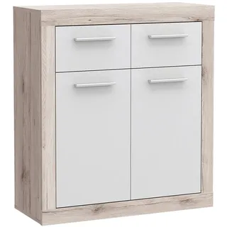 Forte BACCIO Kommode 80 90, Kommode mit 2 Türen und 2 Schubladen, Modernes Sideboard, Wohnzimmer, Schlafzimmer, Holzwerkstoff, Sandeiche Holzdekor / Weiß, 83,2 cm breit x 34 cm hoch x 91,5 cm tief