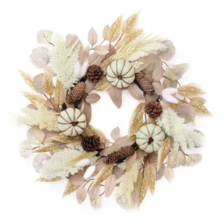 Valery Madelyn 45cm Herbstdeko Türkranz,Herbstkranz Kürbis deko mit Künstlich Pampasgras,Pinienzapfen für Herbst Dekoration,Deko Wand Tisch Fenster für Thanksgiving Fall Decor,Beige