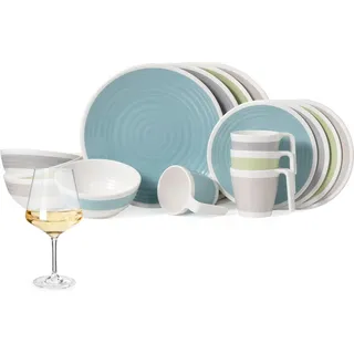 Melamin Camping Geschirr Set 4 Personen Harmonie 16 Teilig + 4 Milano Weiß Weingläser Tafelgeschirr Picknick BBQ Kochgeschirr - Creme, Beige