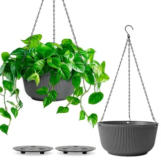 T4U Φ25cm Hängende Blumentöpfe 2er Set, Hängeampel mit Ketten, Blumenampel mit Bewässerungssystem zum Garten Wohnzimmer Blumenampel Außen für Hängetopf für Pflanzen, Blumentopf Hängend Schwarz Matt