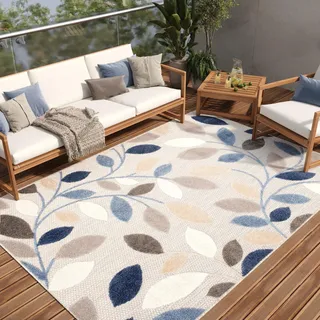 TAPISO Patio Teppich Indoor Outdoor Grau Mehrfarbig Blätter 300 x 400 cm | strapazierfähiger Teppich UV-beständig Flachgewebe Sisaloptik Robust Wetterfest Terrasse Wintergarten Balkon OEKO-TEX