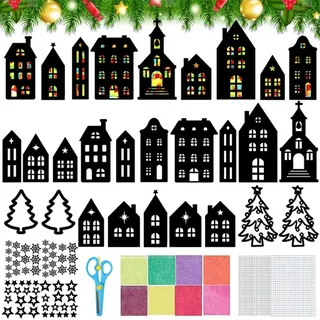 HEYIDAMAI 32 Stück Weihnachten Basteln Kinder Fensterbilder, Weihnachts Bastelset Fenster, Haus,Weihnachtsbaum, Terne, Bunte Weihnachten Deko, Kreatives DIY Bastelset für Kinder, Weihnachtsdeko