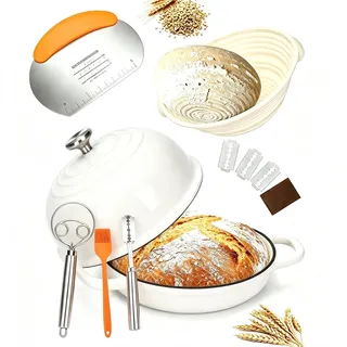 GFTIME Gusseisen Topf Brot Backen,Bräter emailliert, 4,7 L / 24cm,Weiß | Sauerteig Starter Set, Dutch Oven Brotbacktopf mit Gärkorb Deckel Einschneider Teigmischer Brotbackform für Schmoren, Braten
