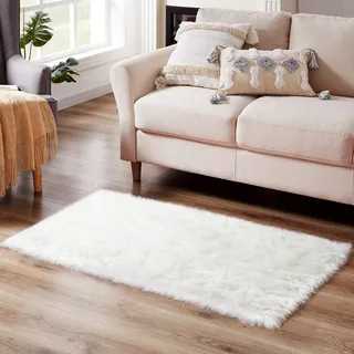 Ciicool Weißer Pelz-Teppich, Flauschiger Teppich, kleine Kunstfell-Teppiche für Schlafzimmer, weiches Schaffell, Couch-Sitzkissen, luxuriös, dick, zottelig, flauschig, 7.6x1.2 m