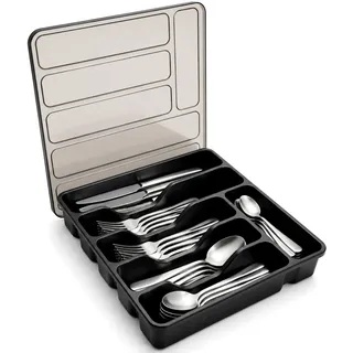 YICH Besteckkasten mit Deckel Besteckkasten für Schublade | 32*30cm Schwarz Kunststoff Besteckeinsatz für Schubladen 6 Fächer Besteck Organizer für Gabeln, Löffel