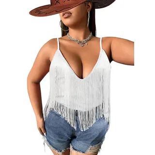 Damen Tank Top Mit Fransen – Sexy Spaghetti Cami Oberteile Elegant Boho Kleidung V Ausschnitt Konzert Outfit Rave Shirts Ärmellose Shirt Sommer Unterhemd Clothes(White,L,10742r)