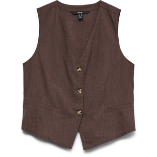 Kurzweste VERO MODA "VMCAIA SL VEST WVN NOOS", Damen, Gr. M, chocolate martini, Web, Obermaterial: 90% Baumwolle, 10% Leinen, unifarben, normal, V-Ausschnitt, Westen Kurzweste, Baumwolle mit Leinen, figurbetonte Form