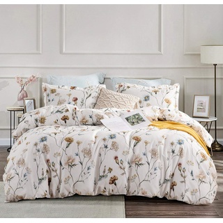 SLEEPBELLA Bettwäsche-Set für King-Size-Betten, Fadenzahl 600, Baumwolle, gelbe und Blaue Blumen, Bedruckt auf cremefarbenem Luxus-Bettwäsche-Set, 3-teilig (Kingsize, weißes Blumenmuster)