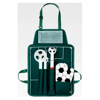 Grillset mit Grillbesteck und Grillhandschuh im Fußball-Design – Grillzange, Grillgabel, Grillwender und bedruckte Schürze für Fußballfans und Grillmeister